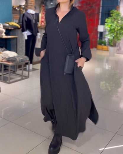 💃Luźna długa sukienka z rozcięciem z boku i klapami