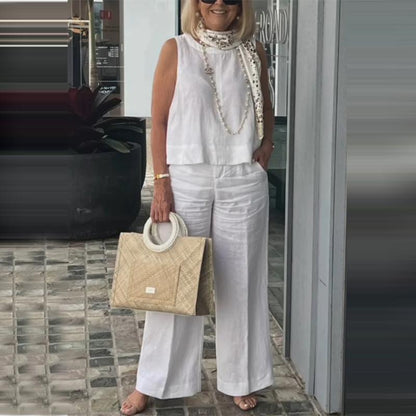 Damski Prostý Oddychający Garnitur – Top bez Rękawów z Okrągłym Dekoltem i Spodnie z Szerokimi Nogawkami