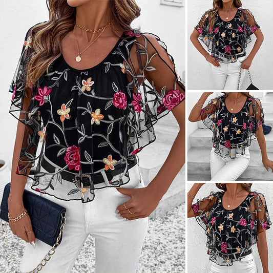 🌟 Damska Bluzka z Mesh Patchwork w Druk 👚