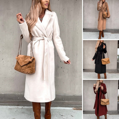 Modny długi wełniany płaszcz z dekoltem w serek