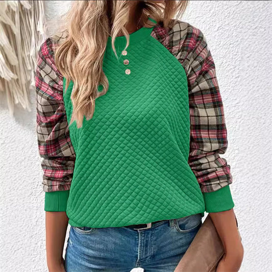 👚Damska bluza z rękawami w kratę i okrągłym dekoltem