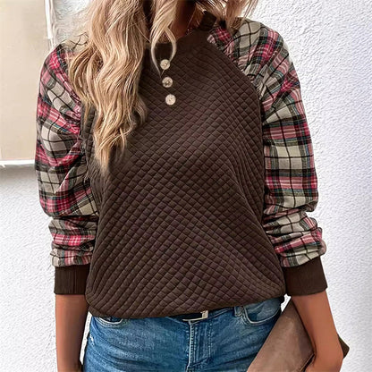 👚Damska bluza z rękawami w kratę i okrągłym dekoltem