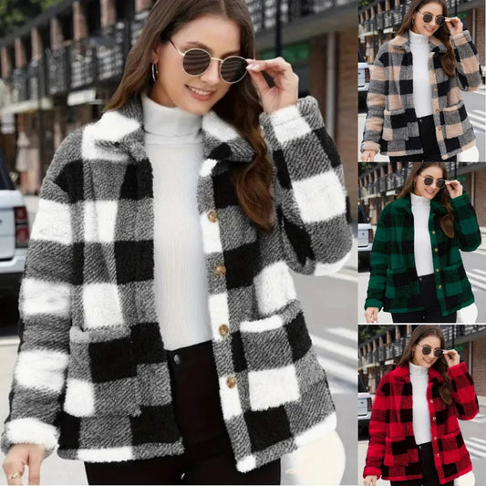 👚Damski płaszcz zimowy w kratę z guzikami