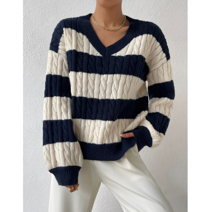👚Damowy sweter w paski z dekoltem w serek