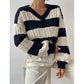 👚Damowy sweter w paski z dekoltem w serek
