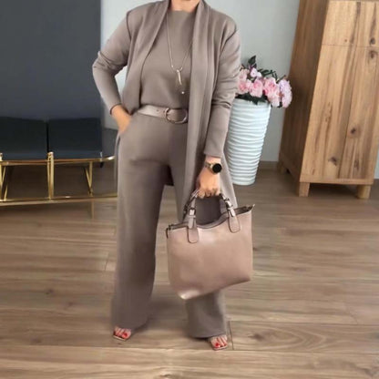 💝Elegancki 3-częściowy zestaw zawierający długi kardigan, bluzkę i spodnie