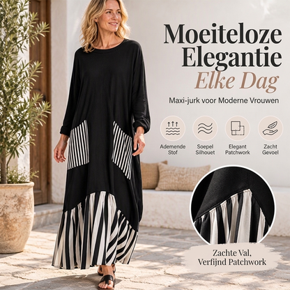 Dames Gestreepte Patchwork Lange Mouw Maxi Jurk